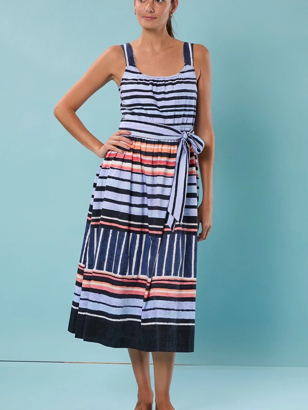 NIC+ZOE Striped Tie-Waist Midi Dress in Navy, Light Blue and Coral